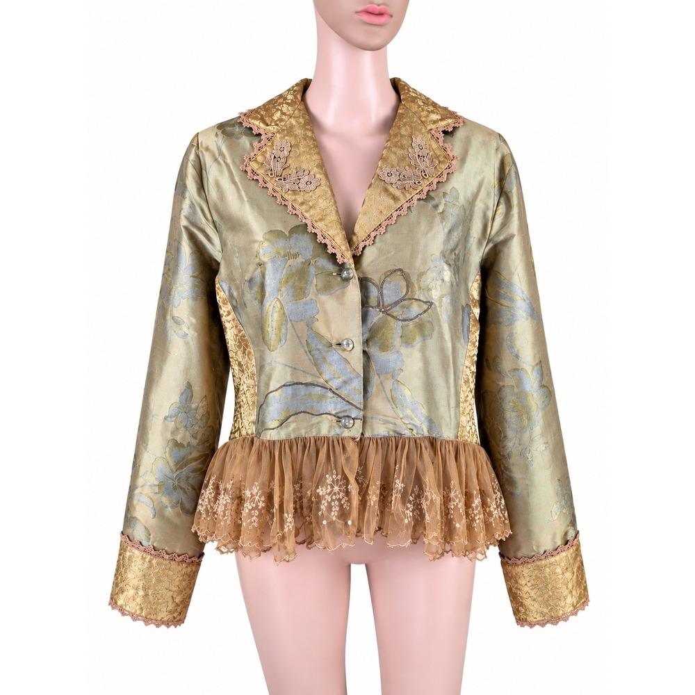 Sandy Starkman Vintage Silk Blazer XL Floral Brocade Lace Ruffle Jacket